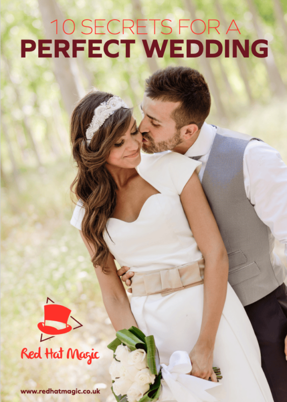 Front page of a wedding brochure. a man and a woman kiss