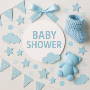 A picture saying baby shower surrounded by baby clothing and toys